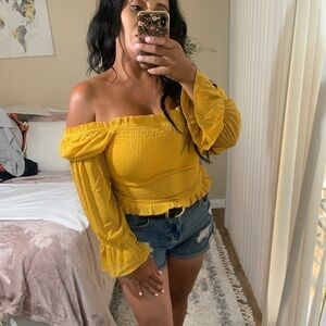 ♥️ NEW Ruffle Long Sleeve Semi Sheer Crop YELLOW Blouse